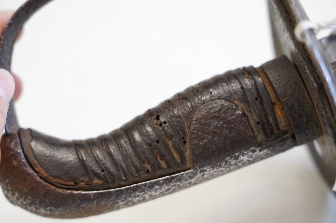A 1796 pattern heavy cavalry trooper's sword with proof marks, blade 88cm. Condition - hilt heavily pitted, blade tip slightly modified, some worm damage to grip, etc.